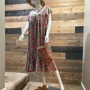 Floral V-Neck Midi Dress in Pink & Green